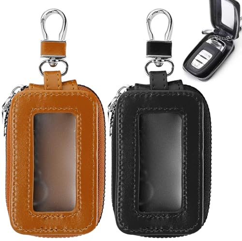 BAUCH 2 PCS Custodia Portachiavi in Pelle per Auto,Astuccio Porta Telecomando Auto con Finestra Trasparente,Portachiavi in Pelle, con Gancio in Metallo e Cerniera,per Uomo e Donna