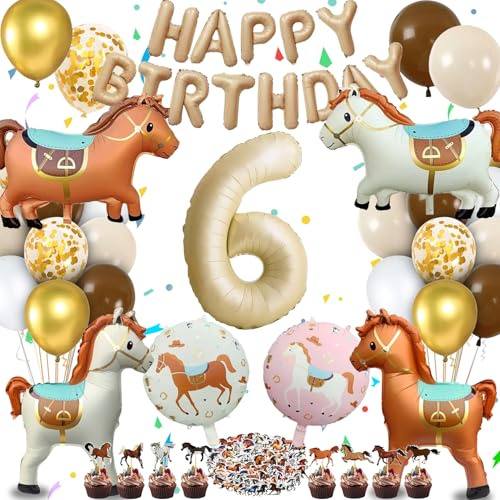 Pferd Luftballons Deko Geburtstag, Pferde Geburtstagdeko, Pferde Deko | Pferd Folienballon, Cake Topper, Banner, Ballons, Sticker, Zahl Ballon 6 für Thema Party Dekoration, Pferdegeburtstag