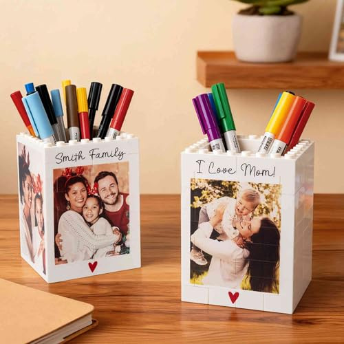 Porte-crayons personnalisé en briques avec photo, texte et images personnalisés - Organiseur de bureau créatif - Boîte à crayons - Fournitures de bureau à domicile - Cadeau pour homme, femme, papa