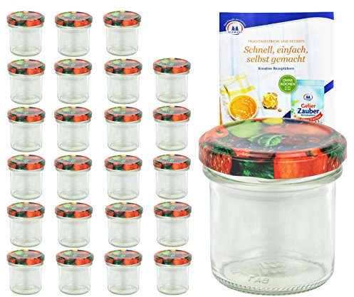 MamboCat 24er Set Sturzgläser 167 ml Deckelfarbe Obst Dekor to 66 inkl. Diamant Gelierzauber Rezeptheft, Marmeladengläser, Einmachgläser, Einweckgläser, Gläser