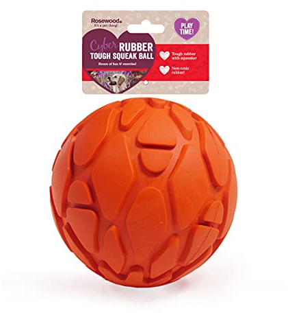 Rosewood Rubber, Tough Chew Resistant, Squeaky Ball Dog Toy, Orange