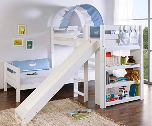 Froschkönig24 Etagenbett mit Rutsche Beni L Kinderbett Spielbett Bett Weiß Stoff Blau/Boy, Matratzen Oben/unten:ohne