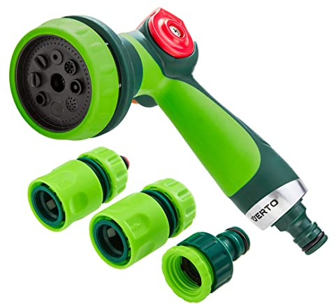 VERTO Gartenbrause, 8-Funktionen Handbrause mit 3 Stück Anschluss Kit 1/2 - Multi Gartenspritze mit Ergonomischer Griff, Grün Wasserspritze für Garten, Regulierung der Wasserstrahlstärke