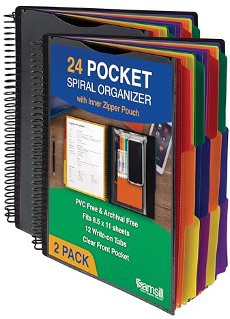 Samsill Spiral Folder Organizer (2-Pack) - 12 Dividers & 24 Pockets with Zipper Pouch, Multi Pocket Color Cordinated Folder Binder with Customizable Tabs, Document Organizer (Basic)