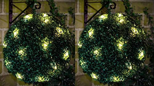 Siam Express 28cm Solar Powered 20 Warm White LED Rose Round Topiary Garden Outdoor Ball Sphere Dual Function Artificial Boxwood Hanging Lights Auto On At Dusk (2 x Green Topiary Ball)