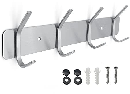 SYPEN Kleiderhaken Wandmontage, robuste Garderobenleiste, Edelstahl-Wandhaken für Bademantel, Hüte, Kleidung, Hangbags und Geldbörse, Metall-Schlüsselhaken mit 4 Kleiderbügelschienen, Silber