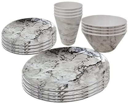 WedDecor 16Pcs Melamine Dinnerware Sets for 4 People for Indoor Outdoor BBQ Garden Picnic or Camping Use, Durable and Lightweight Melamine Dinner Set with Marble Design Plate Bowl & Cups