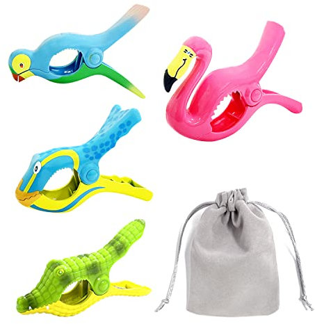 4 Stück Strandtuch-Clips mit Flanellbeutel – Flamingo, Schwalbe, Krokodil, Fisch – tragbar für Pool-Stühle