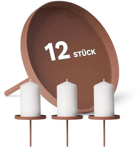 Novaliv 12er-Set Kerzenhalter ohne Dorn 8cm ROST Weihnachtskranz Kerzenteller zum Stecken rund Kerzenpin Kerzenhalter für Kränze Kerzentülle Adventskerzenhalter Metall Kerzenständer Kerzenpin