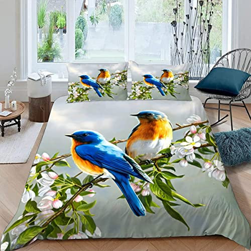 Bettwäsche 135×200 3D-Digitaldruck 2teilig Blauer Vogel Bettwäsche-Sets Kinder Mikrofaser mit Reißverschluss Rosa Blütenzweige Soft Jungen Mädchen Bettwaren Bettbezug mit Kissenbezug 80x80 cm