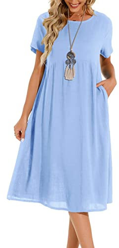 Lpecmin Womens Summer Dresses Casual Short Sleeve Round Neck Midi A Line Cotton Linen Sundress with Pockets(Blue-01, Medium)