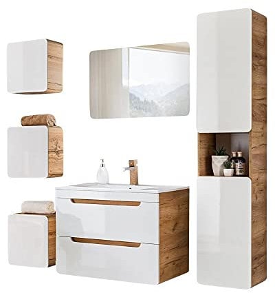 Lomadox Badmöbel Komplett-Set mit 80 cm Keramik-Waschtisch & LED-Spiegel LUTON-56 Hochglanz weiß mit Wotan Eiche Nb., B/H/T ca. 180/200/46 cm