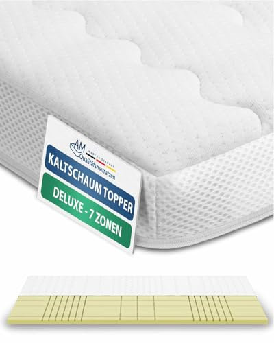 AM Qualitätsmatratzen 3D Deluxe 7 Zonen Kaltschaum Topper 160x200cm RG50 - Made in Germany - Atmungsaktiver Topper 160x200-8cm - Matratzenauflage 160x200 mit Lyocell Bezug und Anti-Rutsch Funktion