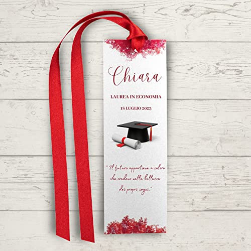Segnaposto Segnalibro Laurea | Cartoncini Metallizzati con Fiocco in Raso Rosso e Tocco | Eleganti e originali | Decorazioni tavola festa e ringraziamento invitati, 25pz