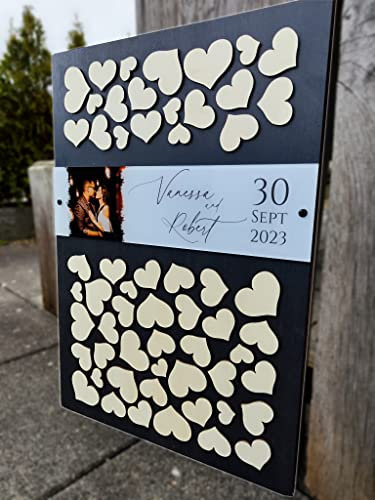 Personalisiertes 3D Gästebuch mit 60 Herzen aus echtem Holz und Acrylfoto - selbst gestalten - Gästebuch Alternative - Für Hochzeit und andere Anlässe (Anthrazit 60 Herzen (61x42cm))