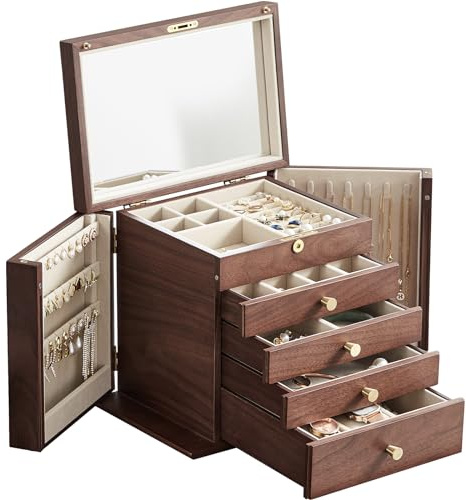 CHOSIN Schwarze Walnuss-Holz-Schmuckschatulle für Frauen, 5 Ebenen Schubladen-Organizer-Box mit zwei Seitentüren zur Aufbewahrung von Halsketten, Uhren, Ohrring-Aufbewahrung, Geschenkbox für Mädchen