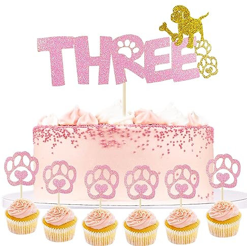 Hunde Geburtstag Kuchen deko Hunde Paw Tortendeko 3 Geburtstag Baby Cake Topper Mädchen Kuchen deko Geburtstag Hunde Deko Muffin deko für Kinder Hunde Party Dekorationen (Three Rosa)