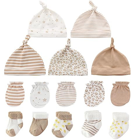 MAMIMAKA Baby Caps Handschuhe und dicke warme Socken Baumwolle Neugeborene Essentials Zubehör (Hüte+Handschuhe+Terry Socken),0-6 Monate