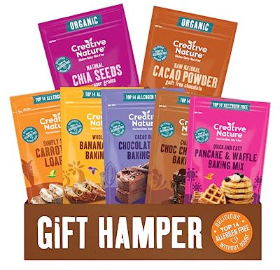 Vegan Gift Hamper | Creative Nature Gluten Free, Nut Free, Dairy Free Variety Box | Cake Mixes & Superfoods | Top 14 Allergen Free | 7 Items