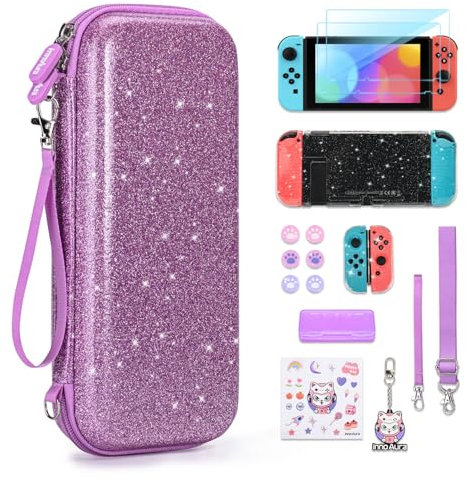 innoAura Étui pour Switch Violet, 16 en 1 Switch D'Accessoires avec Sac de Transport Switch, Housse Switch Étincelant, Protection D'Écran, Étui de Jeu Switch et Capuchons (Paillettes Violettes)