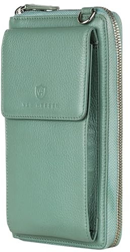 VON HEESEN Leder Handy-Geldbörse mit RFID-Schutz - Handytasche mit Portemonnaie für Damen & Herren aus echtem Leder - Wallet mit Münzfach - Geldbeutel für Frauen und Männer in Türkis (Silver Pine)