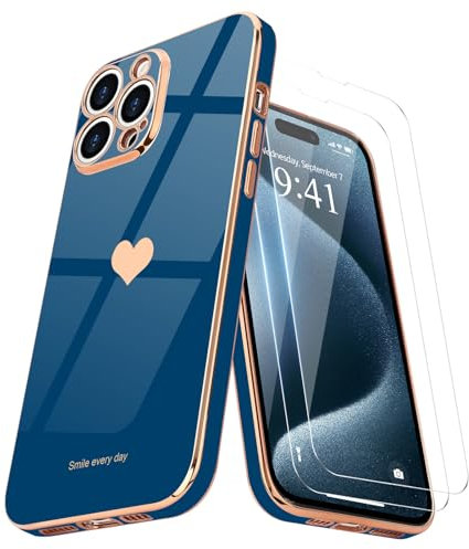 Teageo for iPhone 15 Pro Case with 2 Screen Protector Heart Pattern for Women Girls Luxury Bling Plating Soft TPU Anti-Scratch Shockproof Bumper Phone Case for iPhone 15 Pro, Royal Blue