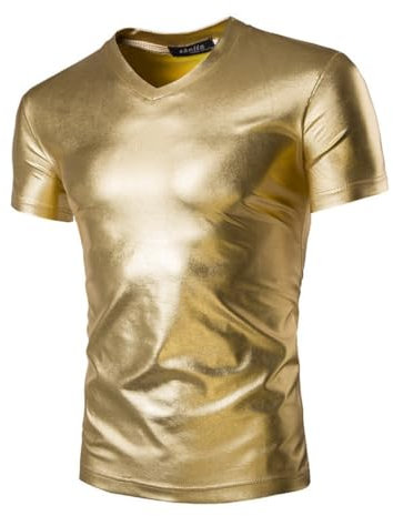 Men's Metallic T-Shirts, Short Sleeves Shiny Wet Look Tunic Tops for Clubwear, V Neck Solid Leather Look Party Tee Top Blouse T-Shirt, Slim Fit Casual Pullovers for Dance Disco Nightclub Costume Gold