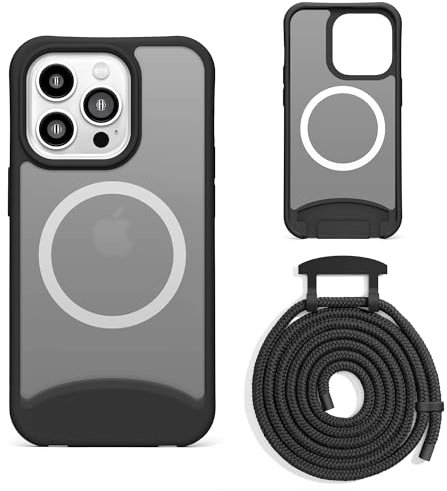 Lawonda Magnetisch Hülle für iPhone 15 (6.1 Zoll) Handykette mit abnehmbarem Band Hülle Seil Necklace Verstellbarer Halskette Handyhülle mit Kordel Tasche Schutzhülle - Schwarz