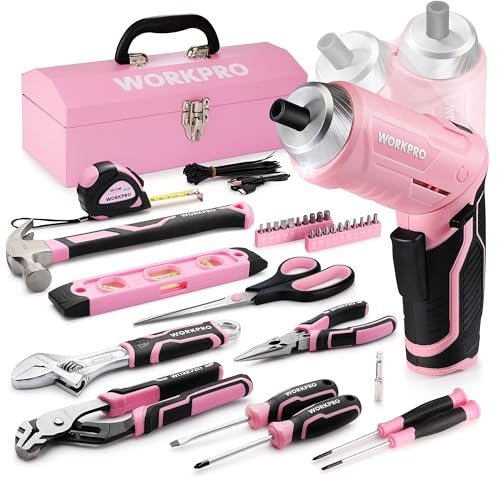 WORKPRO 73-Piece Tool Set With Cordless 3.7V Screwdriver, Pink Kit With Suitcase for Home, Durable, Long Lasting, Perfect for DIY, Home Repair