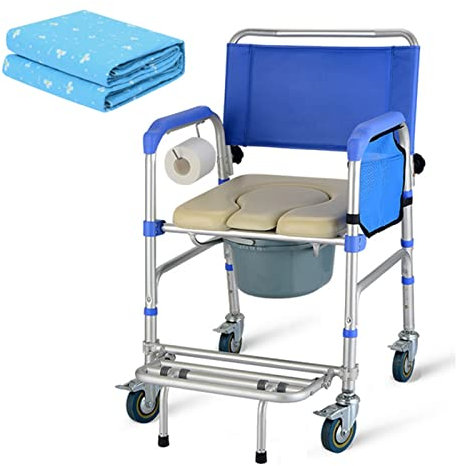 CCYENG Toilettenrollstuhl, Duschstuhl mit Rädern, höhenverstellbar, Toilettenstuhl für Senioren, Toilettenstuhl mit Nachttopf und Papierhalter, Rollstuhl, einfache Mon