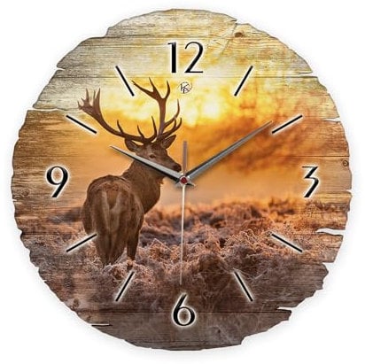 Kreative Feder Runde Wanduhr „Hirsch“ aus Naturholz mit flüsterleisem Uhrwerk; Durchmesser 30cm (Hirsch, leises Funkuhrwerk)