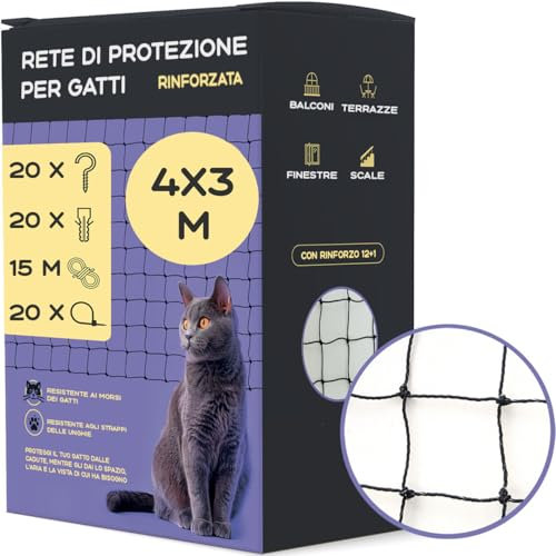 Mablik® Red para Gatos Terraza 4x3m Reforzada + Kit Instalación + Instrucciones. Red Gatos Ventanas y Terraza, de Color Negro, Refuerzo de Acero Inoxidable 12+1 (Reforzada 4x3m)