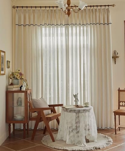 Beydodo Gardine mit Hakenaufhängung, Vorhänge Beige 2er Set Lichtdurchlässig mit Schabracke Einfarbig Französisch 137x229CM Gardinenschals Polyester Vorhänge Halbtransparent Wohnzimmer
