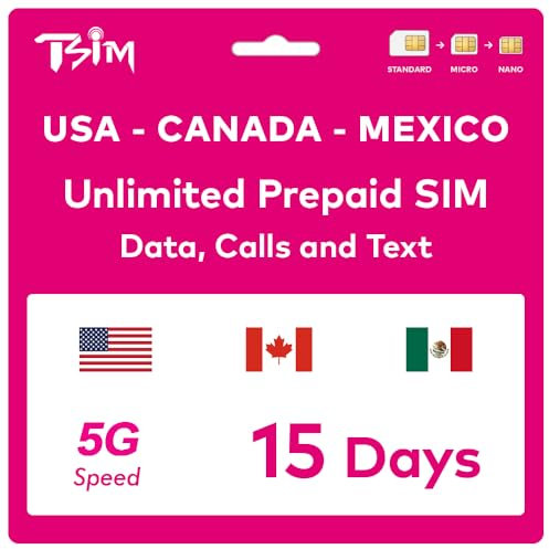 TSIM Prepaid SIM-Karte für die USA für 15 Tage | Unbegrenzte Daten 4G/5G in den USA + 5 GB High Speed in Kanada und Mexiko | unbegrenzte Ortsgespräche + kostenlose eingehende Anrufe/SMS