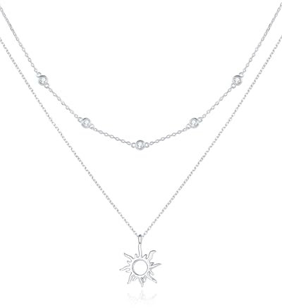 FANCIME Layered Kette Damen mit Sonne Anhänger, 14K Weißgold Vergoldet Personalisierte Zarte Mehrreihige Halskette, 925 Sterling Silber Halskette Schmuck für Damen Mädchen