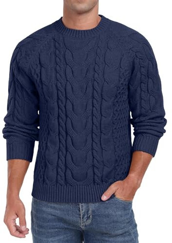 QIXING Men's Cable Knit Jumper Crew Neck Sweater Soft Casual Long Sleeve Textured Knitwear Tops for Men UK (Navy Blue, M)