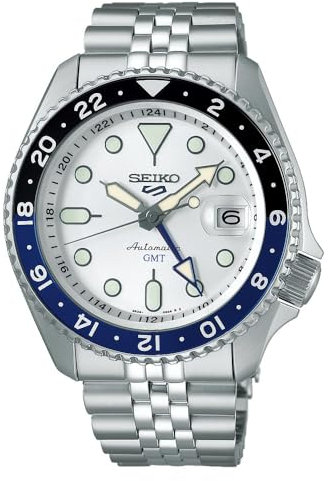 Seiko Orologio 5 Sports Automatico GMT Impermeabile 10 Bar Funzioni Opzione Carica Manuale, Data, Lancetta GMT Adatto per Immersioni Blue