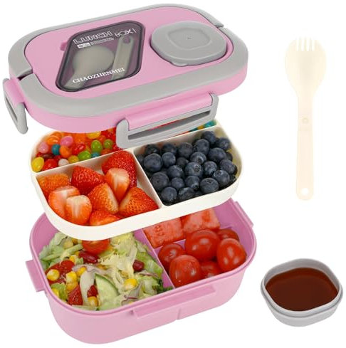 Kasanni Fiambrera, lunch box, bento box, Fiambrera con Compartimentos para Adultos y Niños, Fiambrera Bento para Escuela, Trabajo, Pícnic, Viajes, para microondas (Rosa)