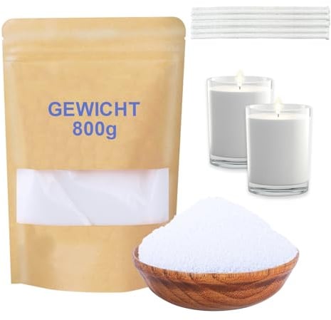 DSYZWEE Kerzenwachs, Kerzensand 800 g, Kerzensand mit Docht, mit 10 Stück Kerzendocht (10cm), Pflanzliches Wachs, Palmwachs Perlenwachs Weiß