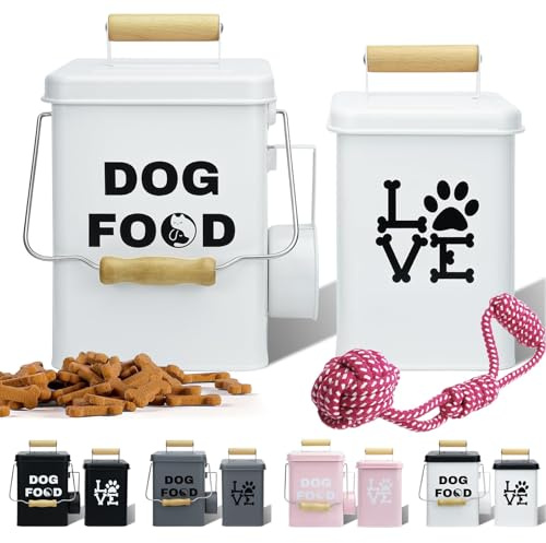 NIXBYO Metal Dog Treat Container Set of 2-9.5x5.9In & 8.6x5In Beige Dog Treat Jars with Airtight Lids, Includes Scoop & Toy - Pet Food Canister, Cat Cookie Jar, Cookie Storage for Kitchen Counter