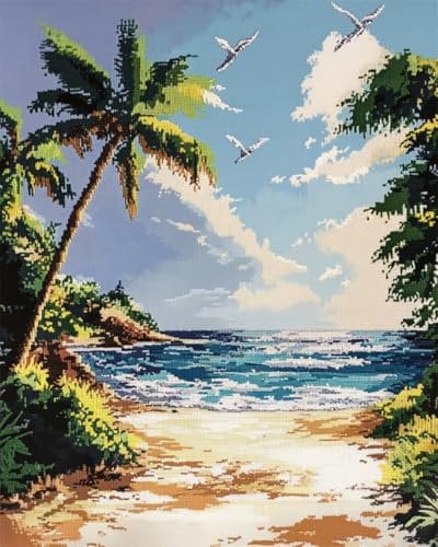 N.LANSHAN DIY Knüpfteppich Zum Selber Knüpfen Knüpfhakenset Mit Strand-Kokosnussbäumen，Meereslandschaft，Knüpfhakenset Für Teppiche，Teppichverschlusshakenset Mit Vordruck，DIY 3D-Bastelgeschenk 60x90cm