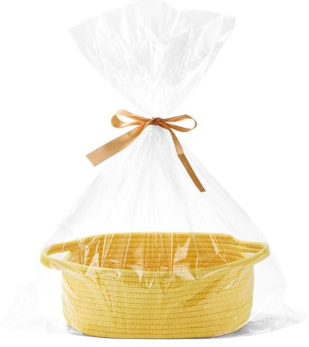Hiseng Geschenkkorb Leer mit Transparenten Geschenktü Und Farbband, Klein Geflochten Korb aus Baumwolle mit Griffen, Weihnachten Geschenkkorb, Aufbewahrungskorb, Baby-Geschenkkorb (Gelb)