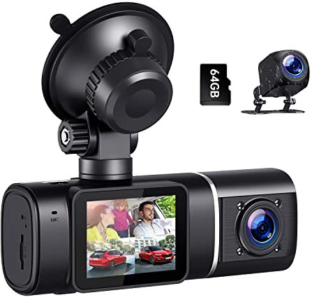 Volam 1080P Dashcam für vorne, hinten und innen, 3-Kanal-Dashcam zur Überwachung von Parkplätzen, Infrarot-Nachtsicht-WDR, G-Sensor, mit 64 SD-Karte