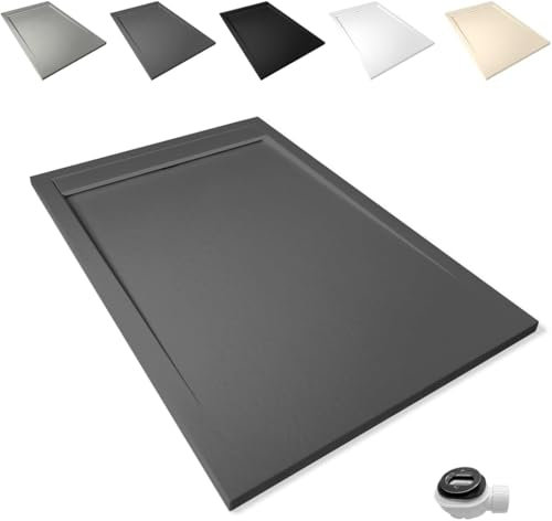 Plato de Ducha Antideslizante 80x150cm - Plato Ducha Resina Resistente a Agentes Químicos - Plato Ducha Antibacteriano - Incluye Rejilla Desagüe Ducha y Válvula Sifón Plato Ducha - Ral 7021 Grafito