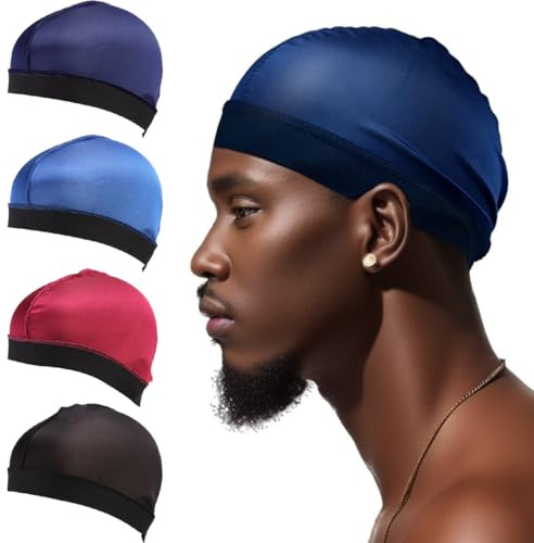 OUDQFCJ Lot de 4 bonnets ondulés soyeux, bande élastique, en satin homme, wave cap pour cheveux nuit homme et femme, pour le sommeil et la douche (Noir, bleu clair, bordeaux et bleu foncé)