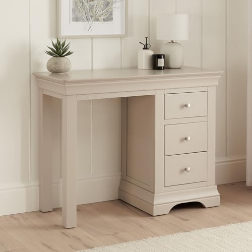 Wilmslow Dove Grey Painted Single Pedestal Dressing Table | Solid Wood Makeup Vanity Desk with Storage Drawers | Compact French Style Bedroom Furniture | Makeup Table for Small Spaces