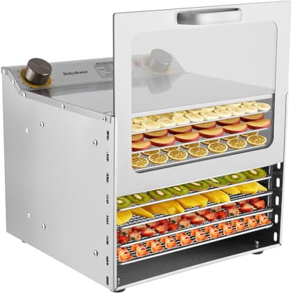 Dörrautomat Edelstahl Food Dehydrator mit 6 Tabletts, Obst Trockner für Obst Gemüse Kräutern Fleisch Pilze, 30-90℃/86-194℉ Timer von 0-12H