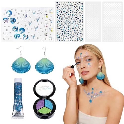 7 piezas de maquillaje de sirena para mujer, disfraz de sirena para mujer, pintura facial de sirena, plantillas para escamas, lentejuelas gruesas, gel brillante, tatuaje para la cara, accesorios para
