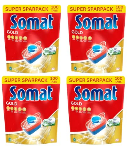 Somat Gold Spülmaschinen Tabs - 400 Tabs XXXL Pack, Geschirrspül Tabs für strahlend sauberes Geschirr auch bei niedrigen Temperaturen, Extra-Kraft gegen Eingetrocknetes