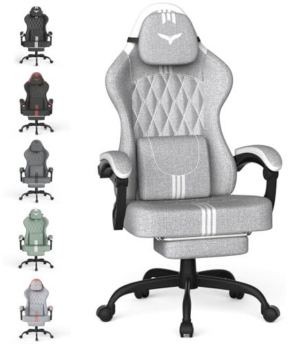 Huracan Silla Gaming ergonómica, Sillas Gamer con función de Masaje, reposacabezas y reposapiés, Silla Gamer Altura Ajustable, Gaming Chair con Respaldo Ajustable de 90 a 145°para Juegos, Gris-Blanco